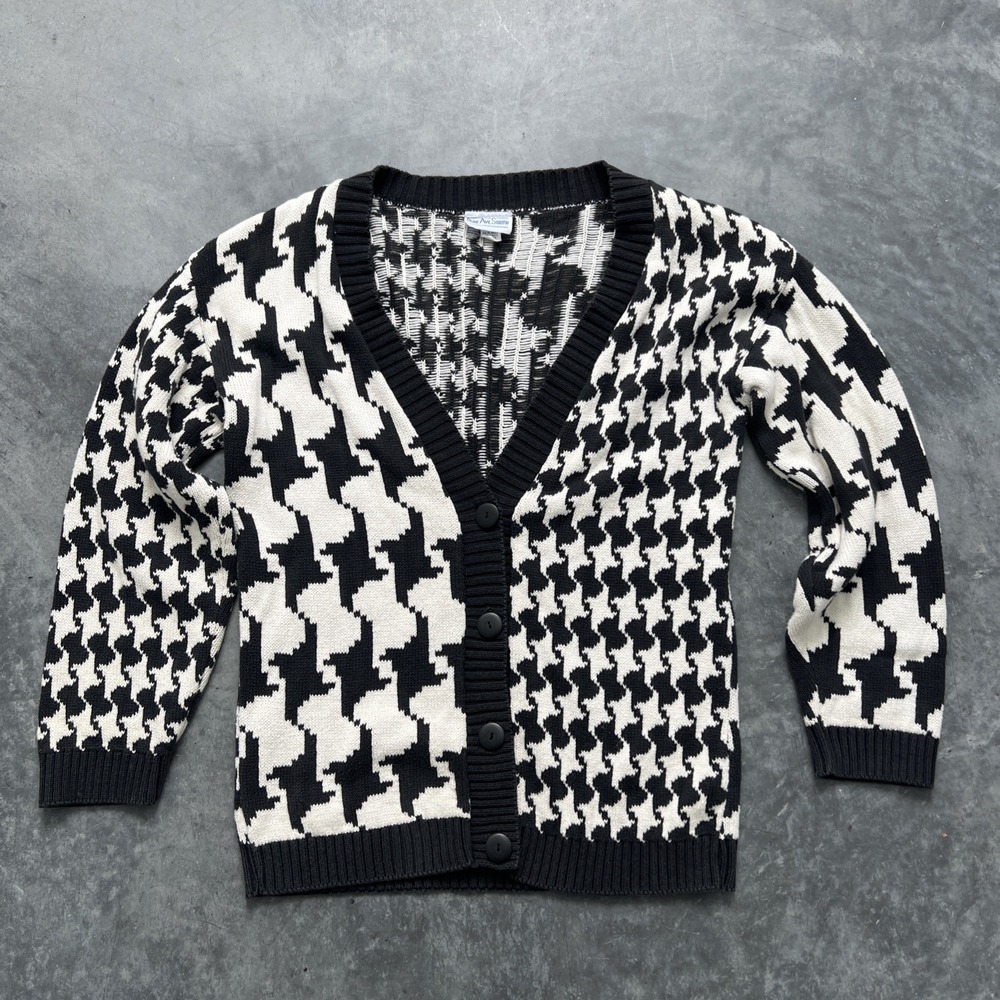 Vintage Pattern Cardigan Sweater Made In USA Size Small Black/white
